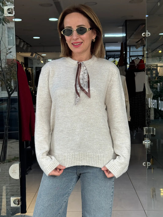 Long Sleeve Sweater with Scarf Tie - beige