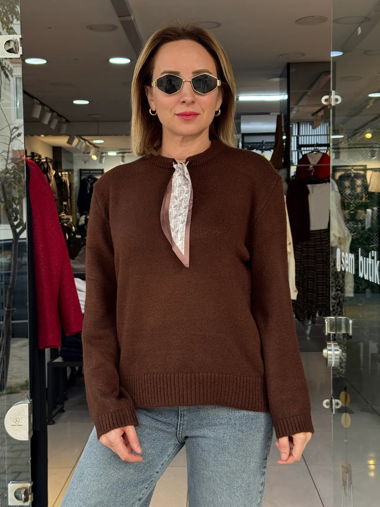 Long Sleeve Sweater with Scarf Tie - Brown