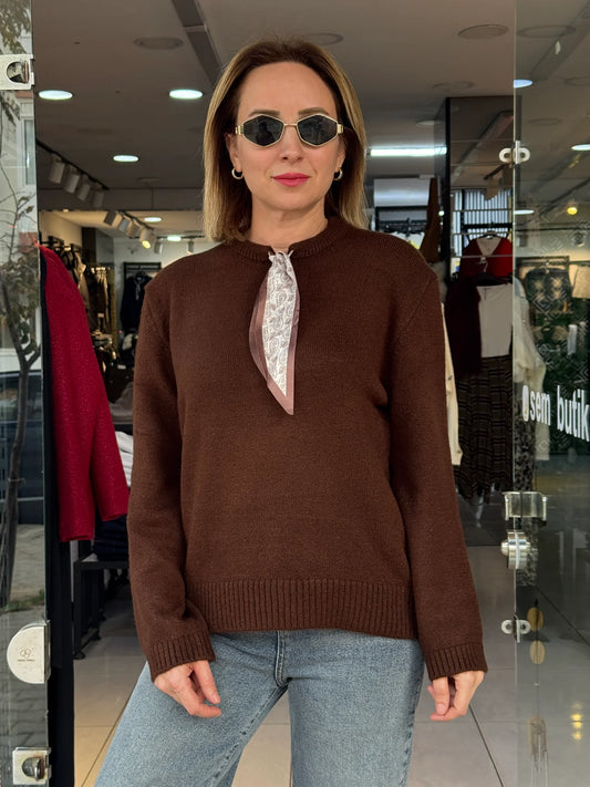 Long Sleeve Sweater with Scarf Tie - Brown