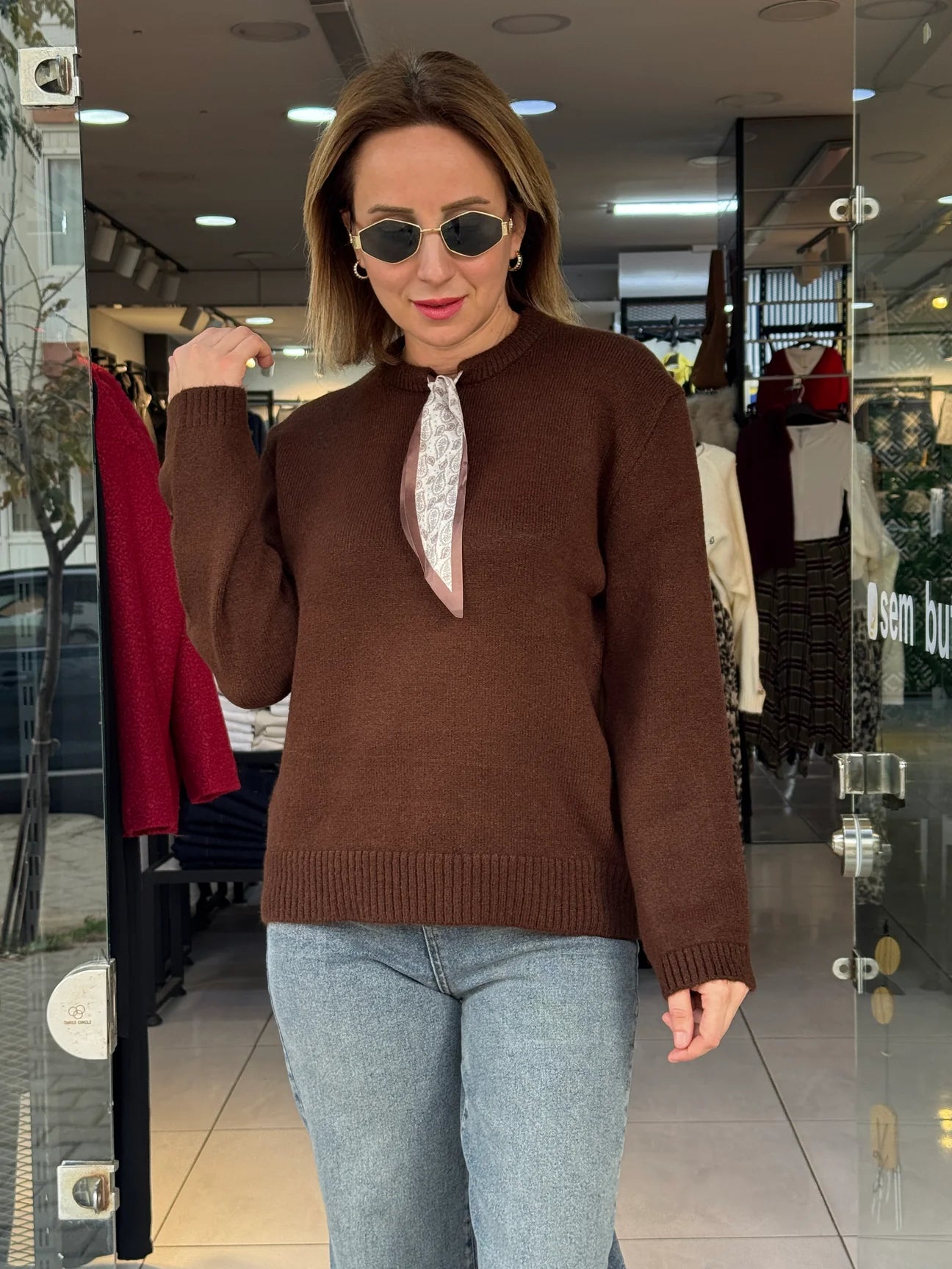 Long Sleeve Sweater with Scarf Tie - Brown