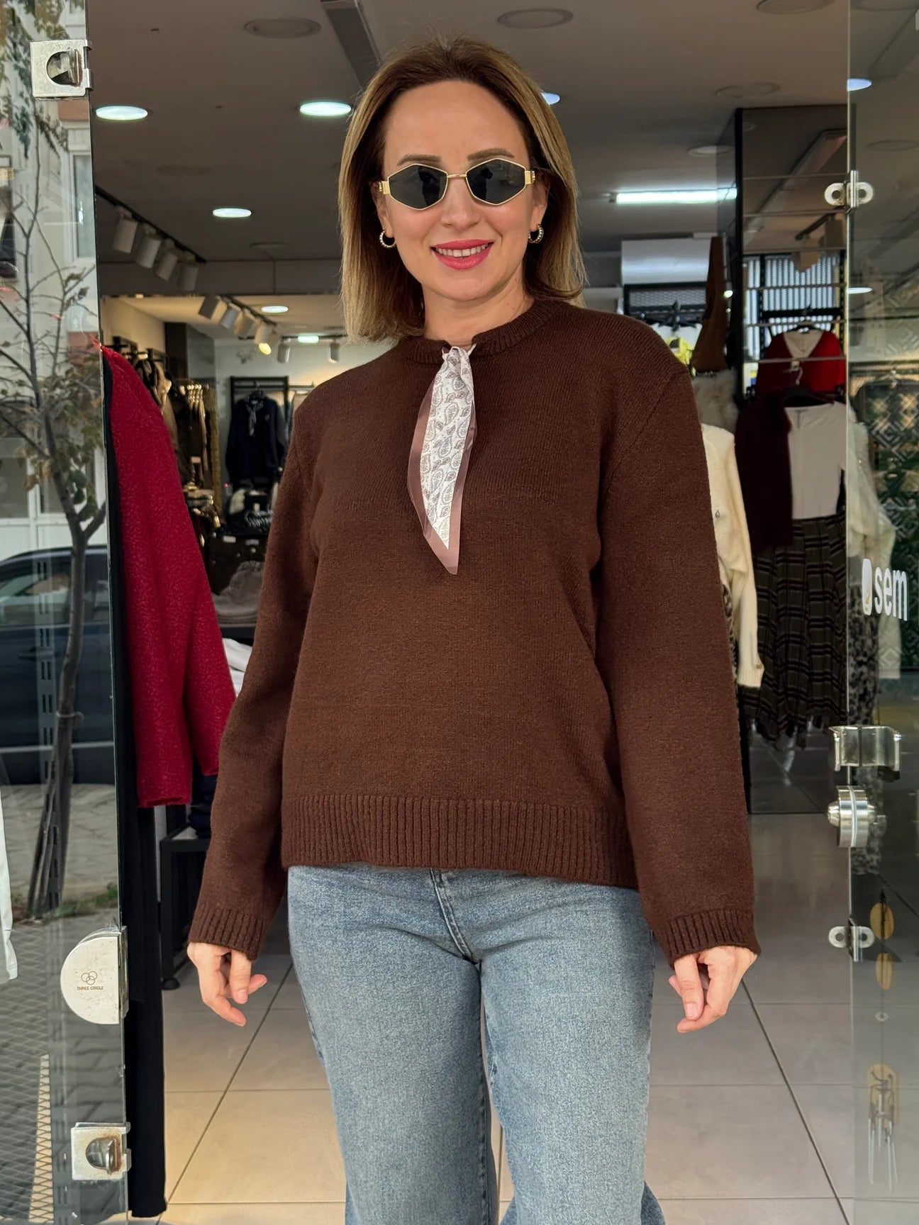 Long Sleeve Sweater with Scarf Tie - Brown