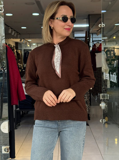 Long Sleeve Sweater with Scarf Tie - Brown
