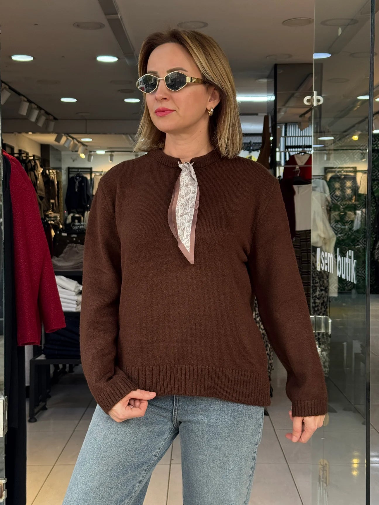 Long Sleeve Sweater with Scarf Tie - Brown