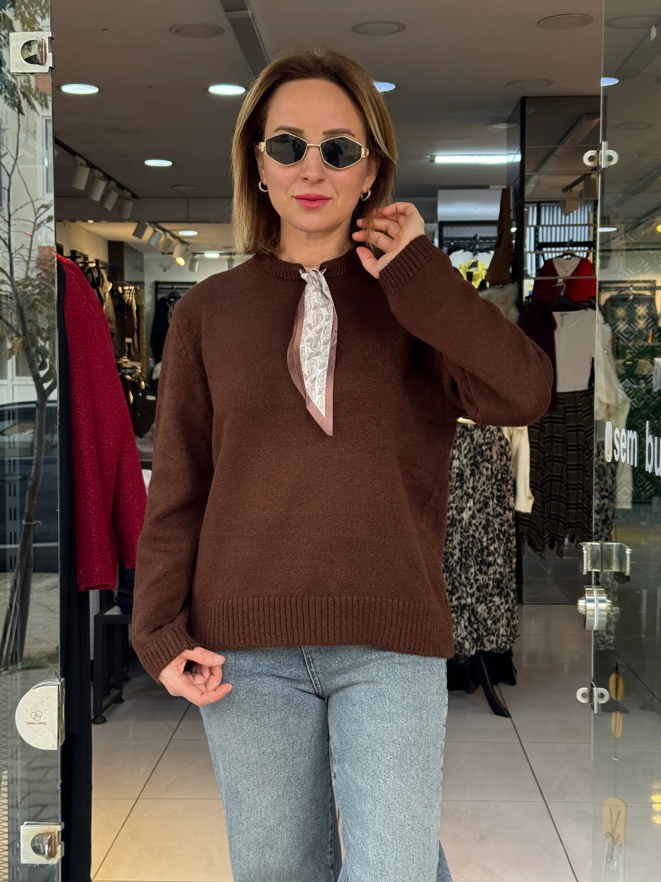 Long Sleeve Sweater with Scarf Tie - Brown