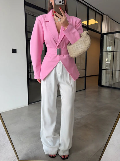 Pink Double-Breasted Jacket with Belt Detail
