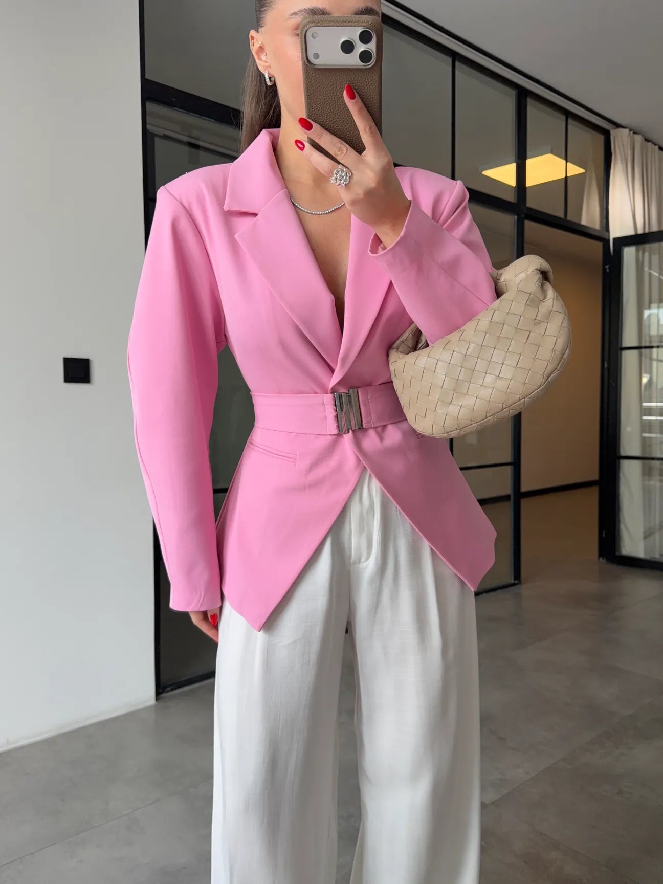 Pink Double-Breasted Jacket with Belt Detail