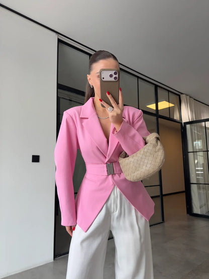 Pink Double-Breasted Jacket with Belt Detail