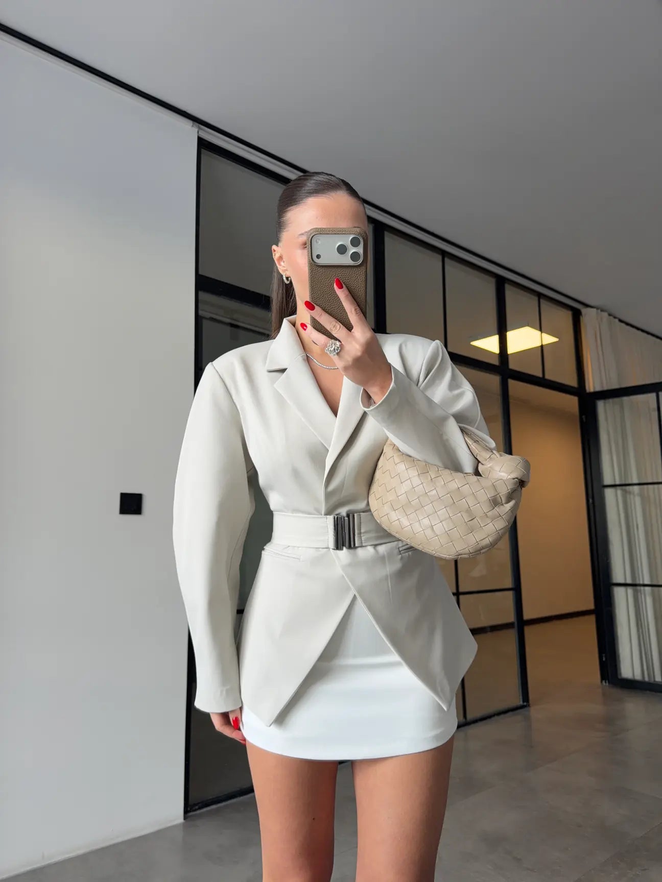 Beige Double-Breasted Jacket with Belt Detail