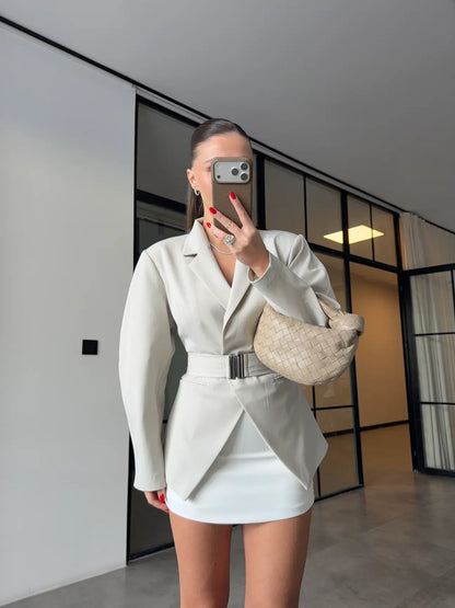 Beige Double-Breasted Jacket with Belt Detail