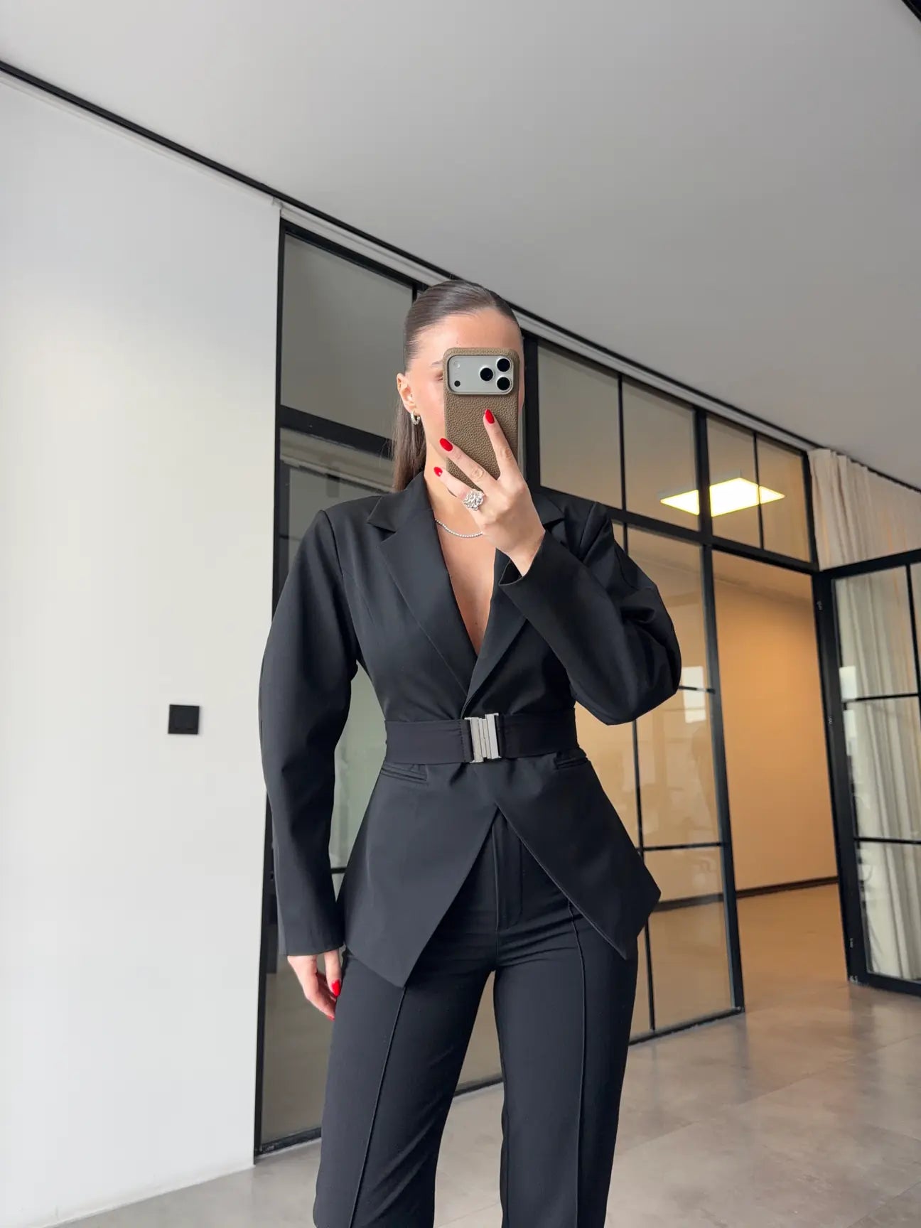Black Double-Breasted Jacket with Belt Detail