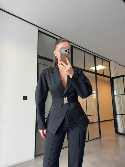 Black Double-Breasted Jacket with Belt Detail