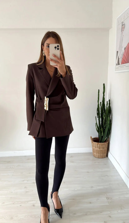 fitted waist a golden buckle detail double-breasted blazer  front fastening with a hidden snap button and tie -  brown