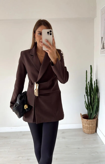 fitted waist a golden buckle detail double-breasted blazer  front fastening with a hidden snap button and tie -  brown