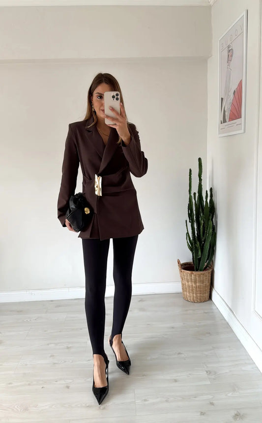 fitted waist a golden buckle detail double-breasted blazer  front fastening with a hidden snap button and tie -  brown