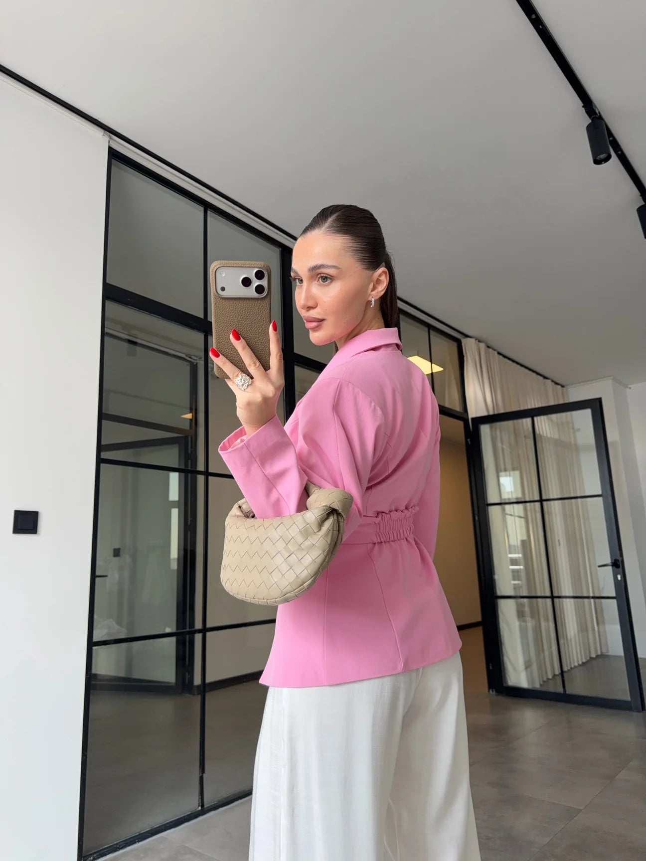 Pink Double-Breasted Jacket with Belt Detail