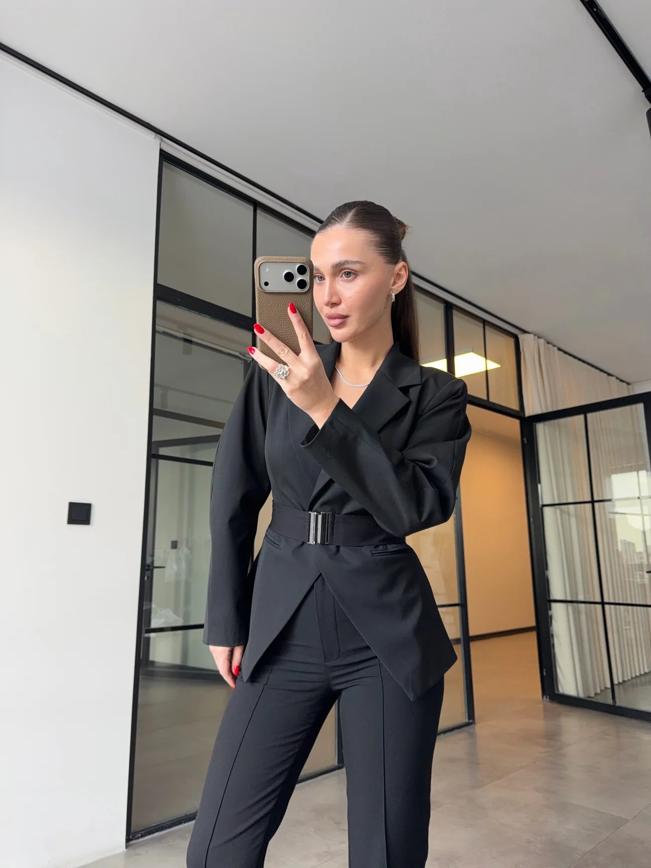Black Double-Breasted Jacket with Belt Detail