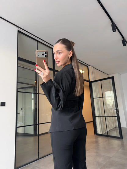 Black Double-Breasted Jacket with Belt Detail