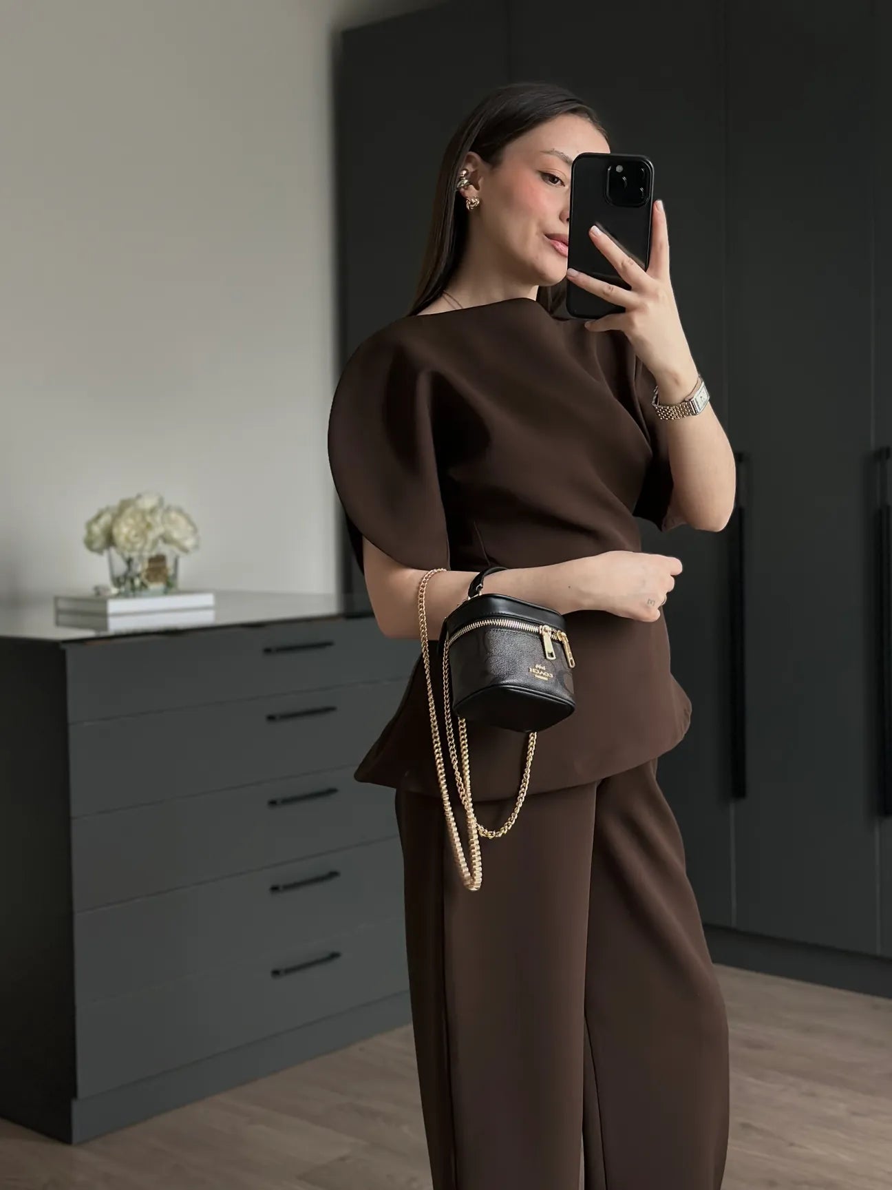 ASYMMETRICAL CUT BALLOON SLEEVE PREMIUM SET-BROWN