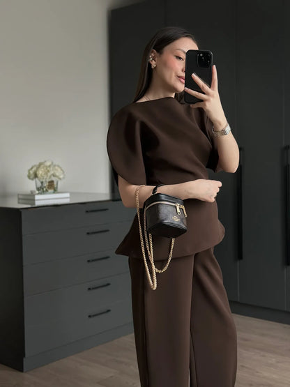 ASYMMETRICAL CUT BALLOON SLEEVE PREMIUM SET-BROWN