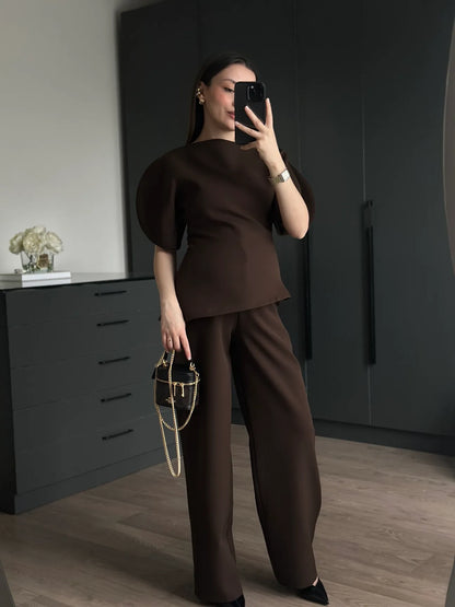 ASYMMETRICAL CUT BALLOON SLEEVE PREMIUM SET-BROWN