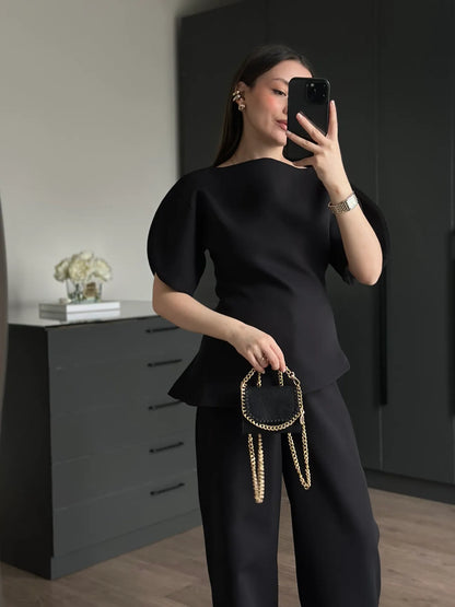 ASYMMETRICAL CUT BALLOON SLEEVE PREMIUM SET-BLACK