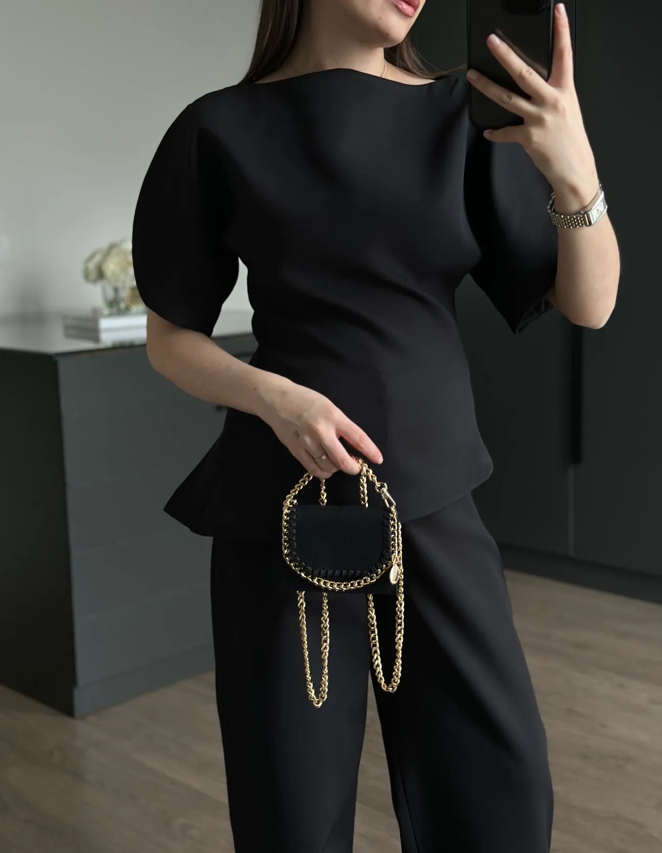 ASYMMETRICAL CUT BALLOON SLEEVE PREMIUM SET-BLACK