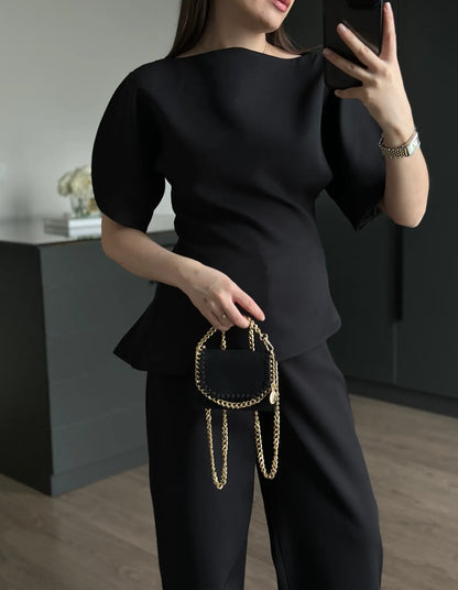 ASYMMETRICAL CUT BALLOON SLEEVE PREMIUM SET-BLACK