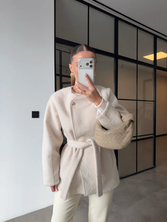 Short belted Cachet Coat With Gold Buttons