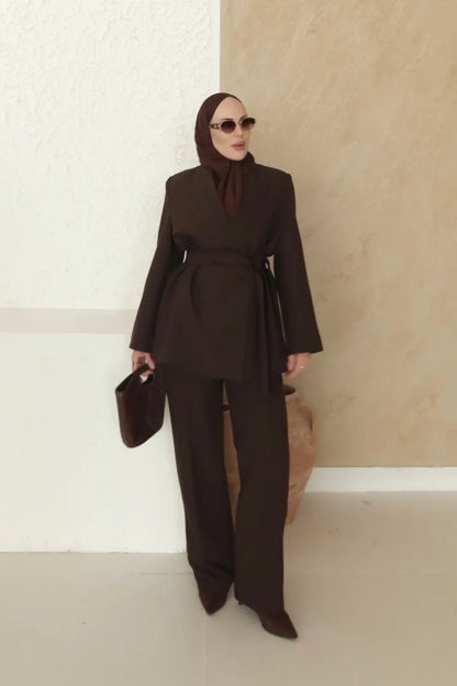 Brown Premium belted blazer wide leg trouser suit
