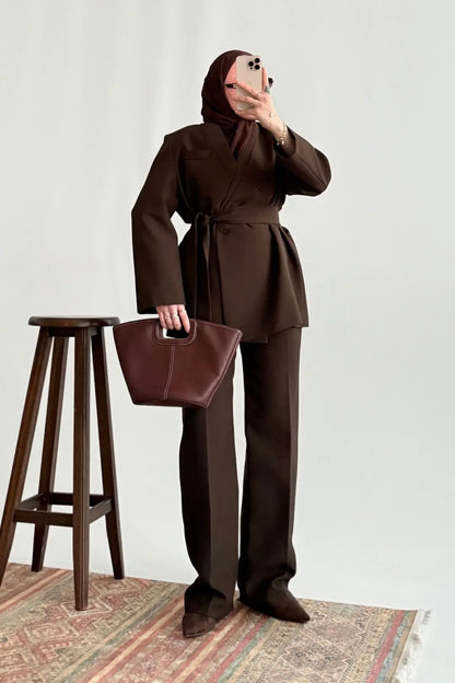 Brown Premium belted blazer wide leg trouser suit