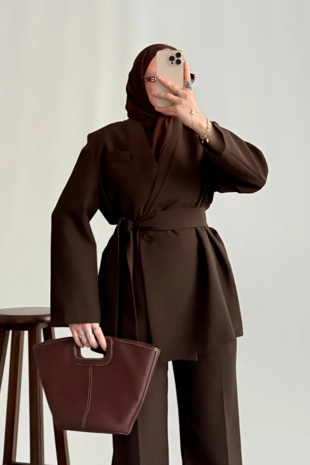 Brown Premium belted blazer wide leg trouser suit
