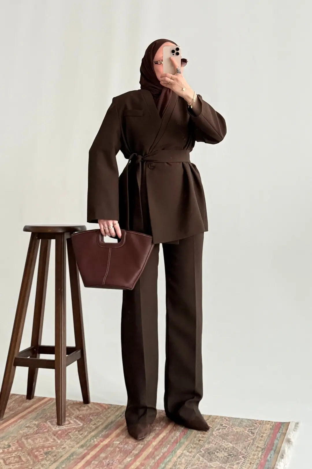 Brown Premium belted blazer wide leg trouser suit