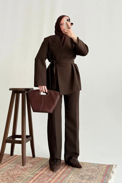 Brown Premium belted blazer wide leg trouser suit