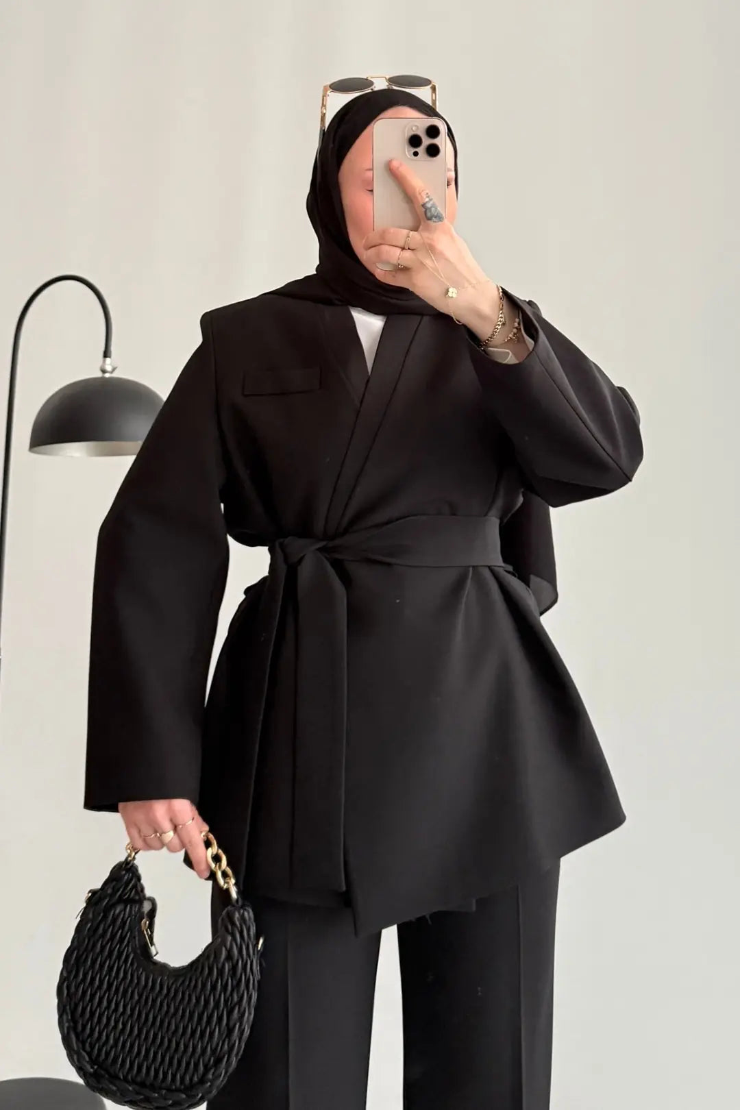 Black Premium belted blazer wide leg trouser suit