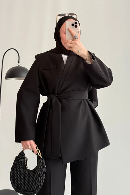 Black Premium belted blazer wide leg trouser suit