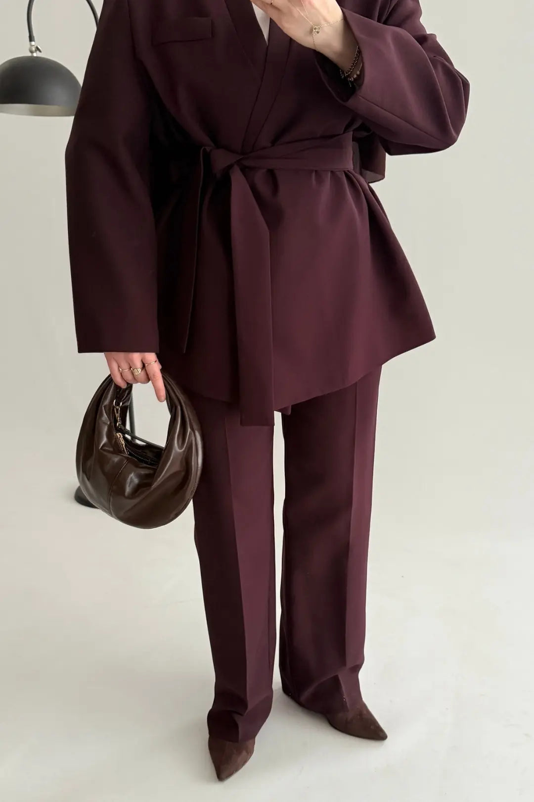 Burgundy Premium belted blazer wide leg trouser suit