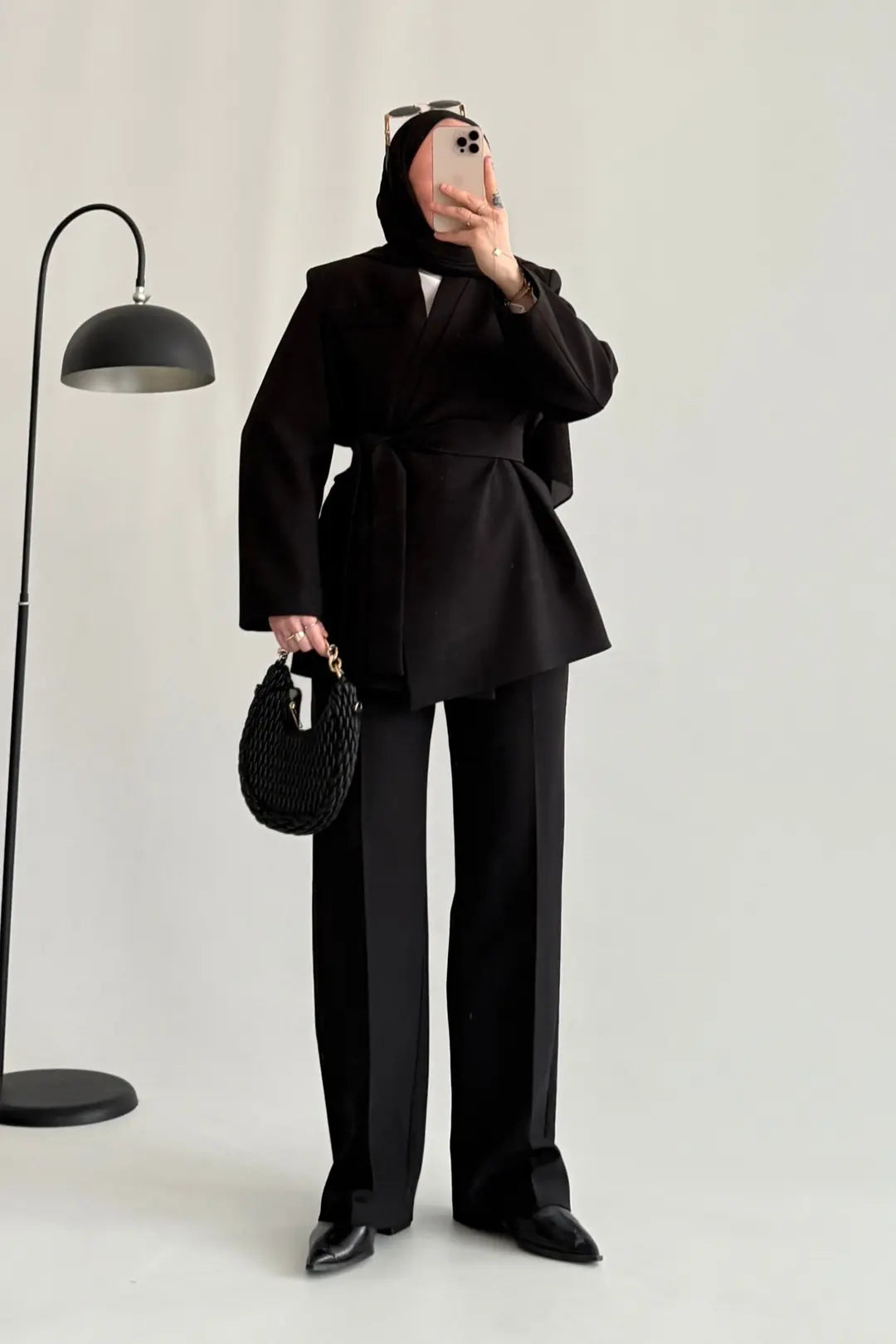 Black Premium belted blazer wide leg trouser suit