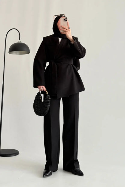 Black Premium belted blazer wide leg trouser suit