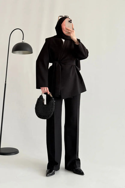 Black Premium belted blazer wide leg trouser suit