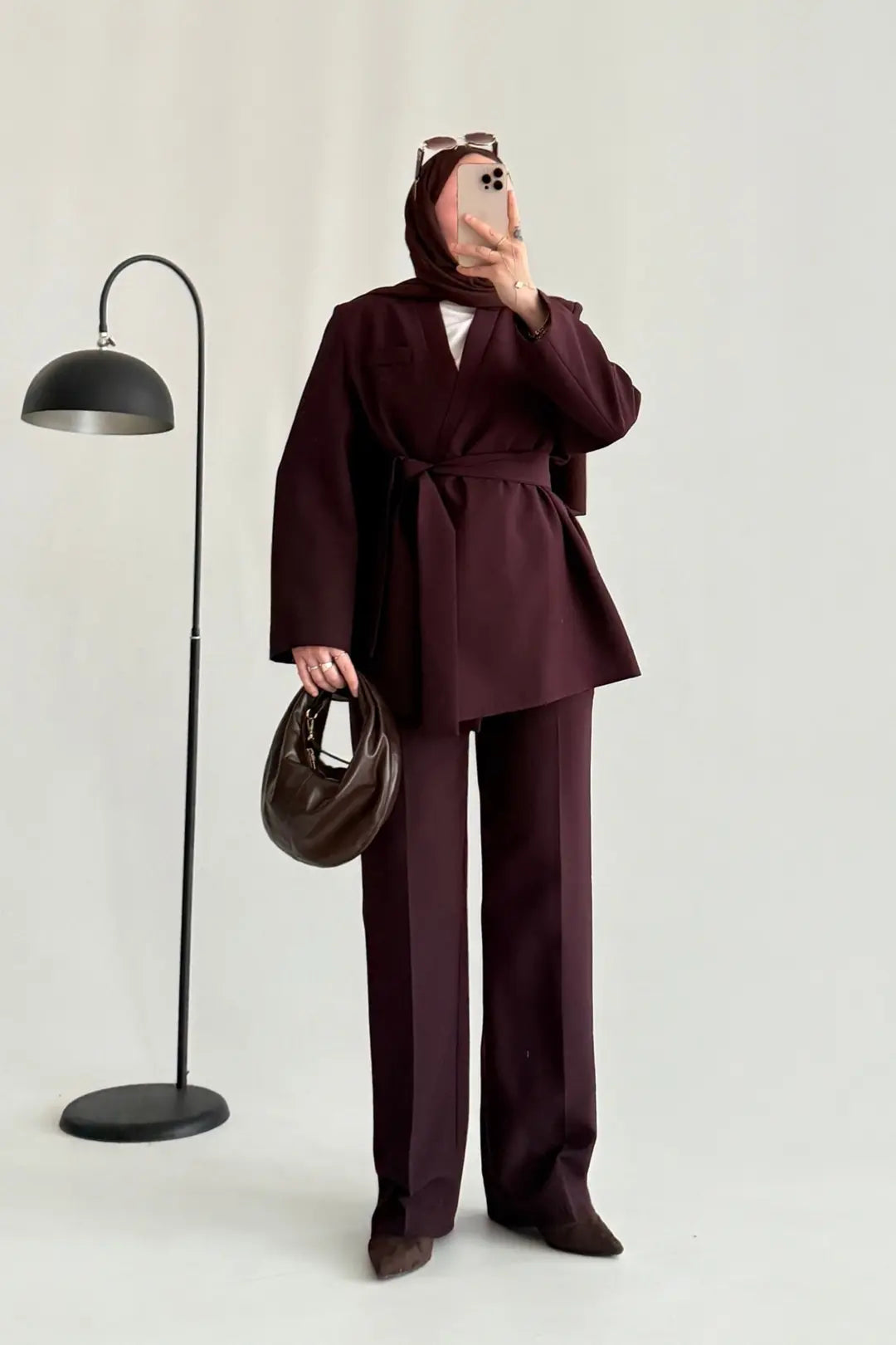 Burgundy Premium belted blazer wide leg trouser suit