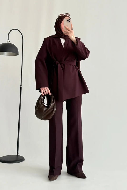 Burgundy Premium belted blazer wide leg trouser suit