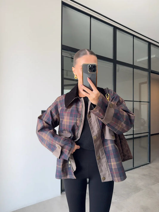 Checked waterproof jacket with courdroy collar