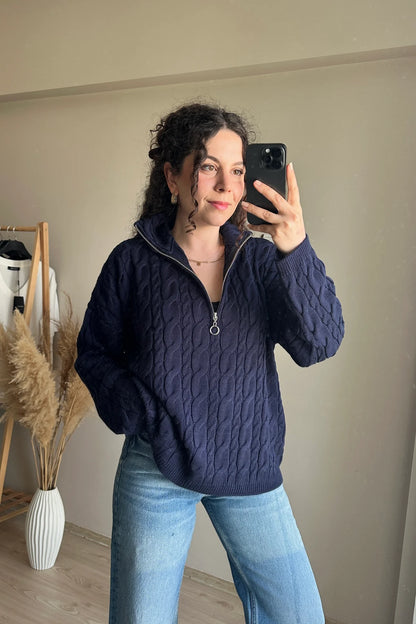Half Zip Knitted Braided Textured Jumper