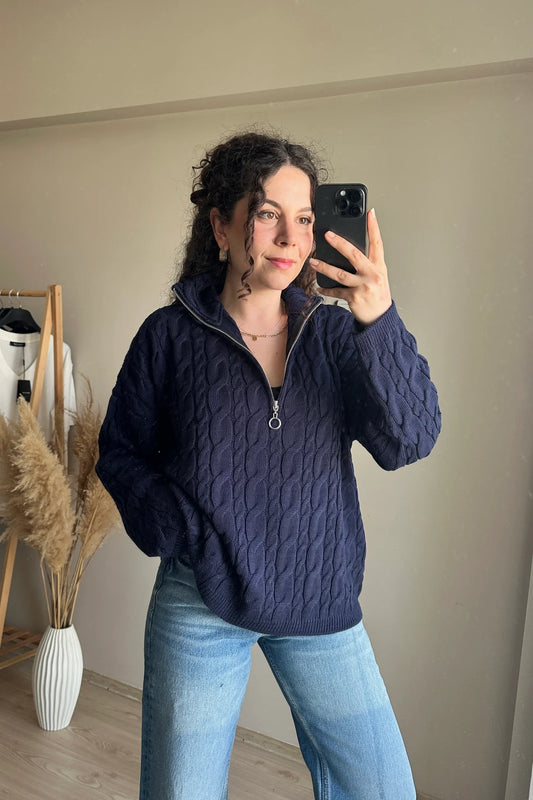 Half Zip Knitted Braided Textured Jumper
