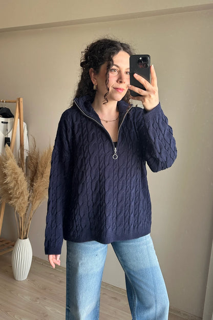 Half Zip Knitted Braided Textured Jumper