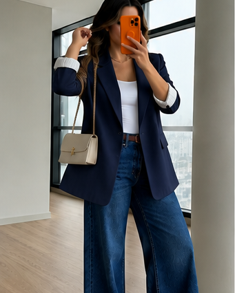 oversized linen blazer with striped lining - navy blue