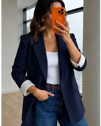 oversized linen blazer with striped lining - navy blue