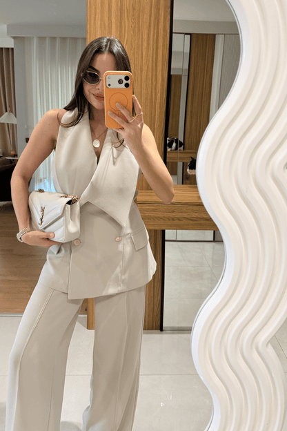 Plum Asymmetric Collar Gold Buttoned Vest and Trousers Set