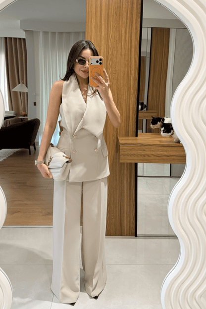 Plum Asymmetric Collar Gold Buttoned Vest and Trousers Set