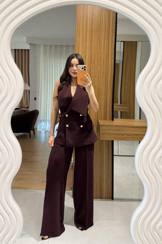 Plum Asymmetric Collar Gold Buttoned Vest and Trousers Set